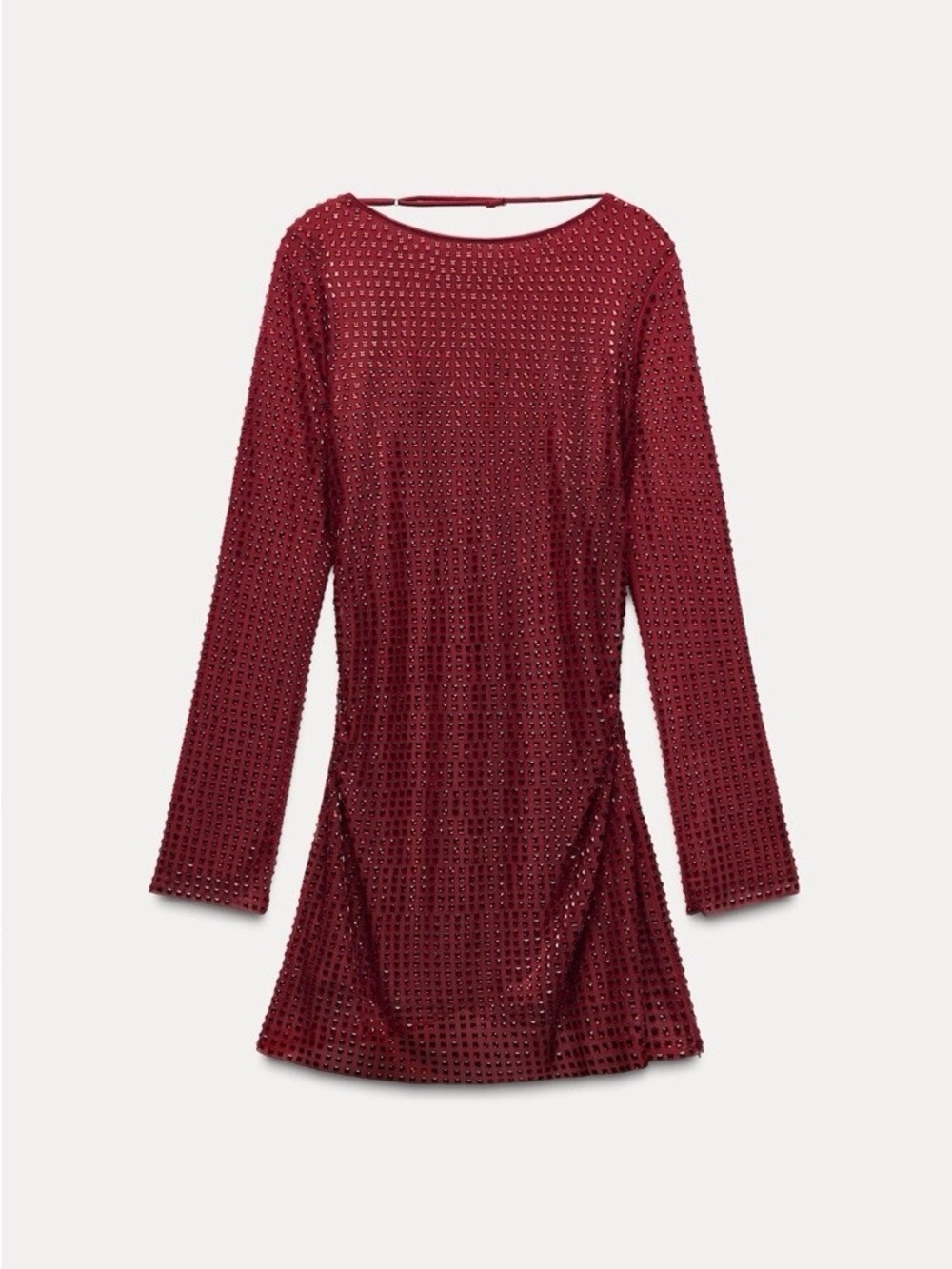 New Zara size Medium Red Rhinestone Long-Sleeve Open-Back Tulle Mini Dress - Picture 3 of 8